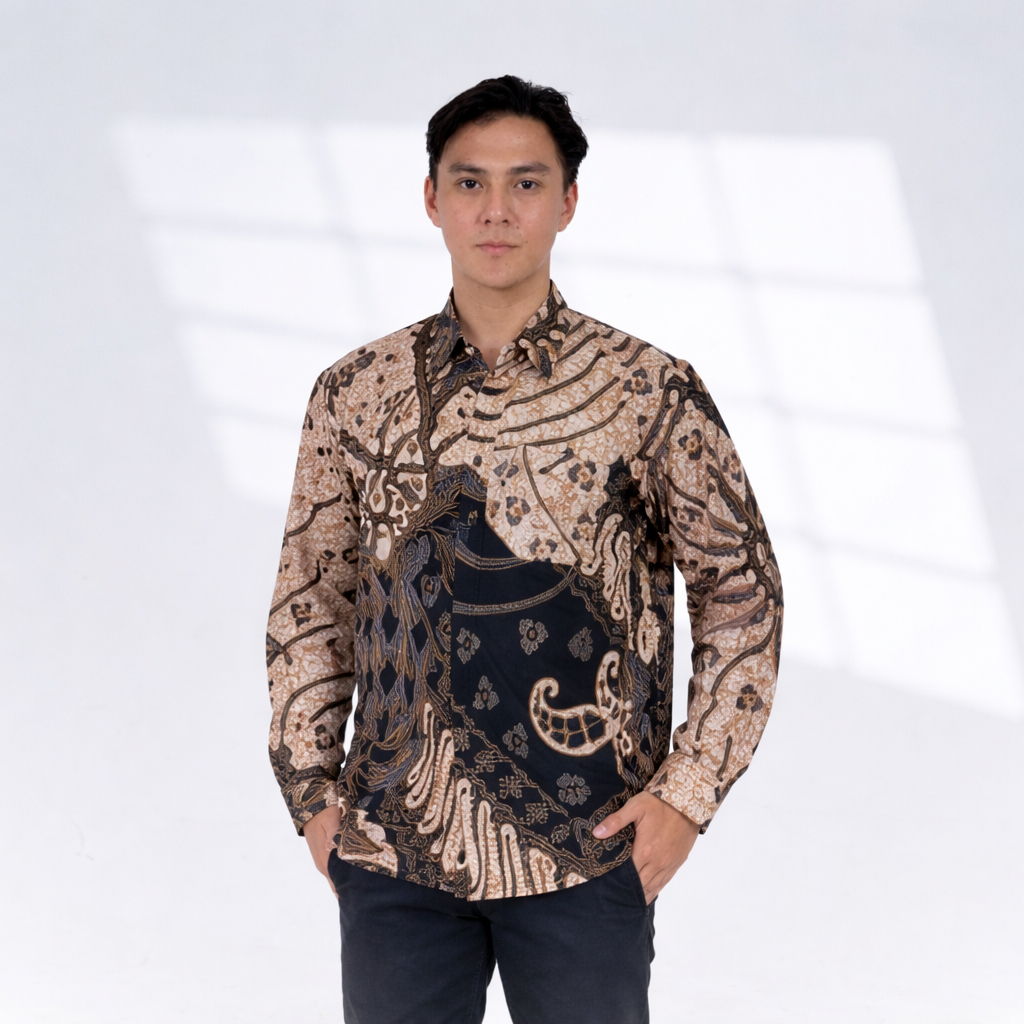 BATIK TRUSMI Kemeja Lengan Panjang Batik Pria Motif Kaliwungu Coklat BUL