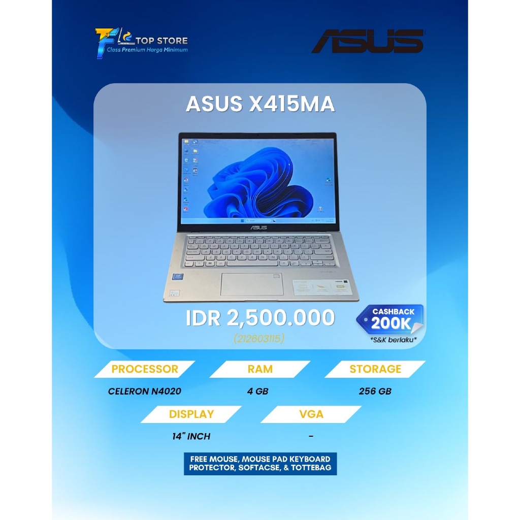 LAPTOP ASUS X415MA INTEL CELERON N4020 RAM 4GB SSD 256GB