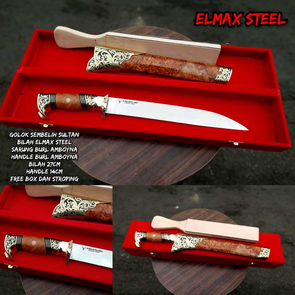 Pisau Sembelih Elmax Steel Panjang 25 cm Kayu Burln Amboyna Terbaik Siap pakai