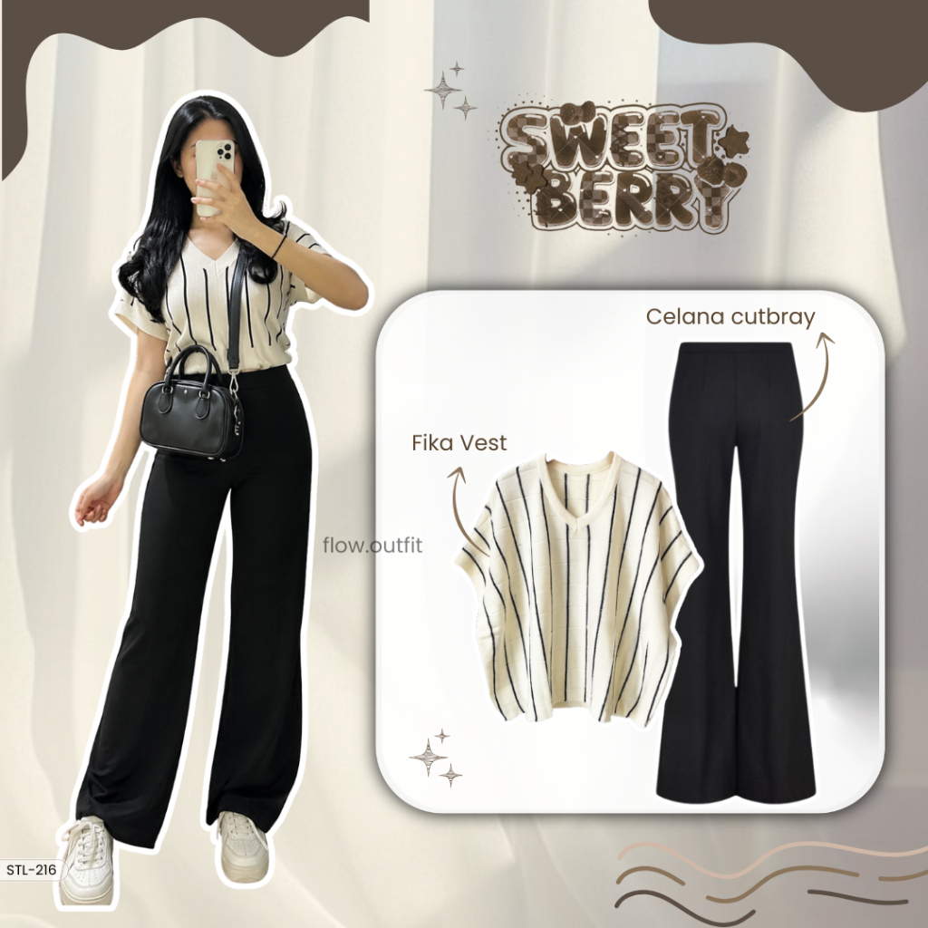 Outfit One set Korean Style Vest rajut oversize | Celana cutbray | Manset spandek | OOTD remaja keki