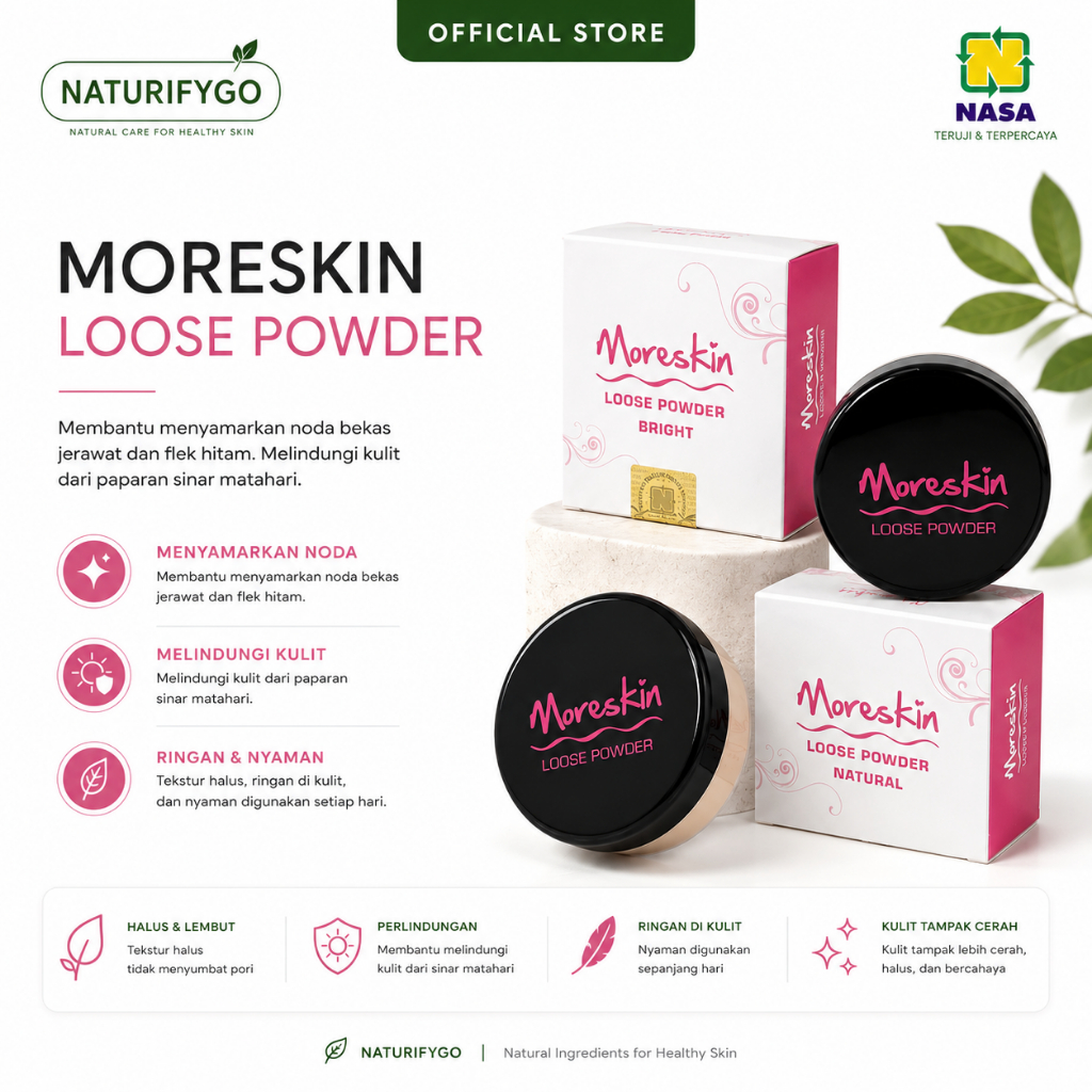 Moreskin Loose Powder Natural / Bright Nasa Original Bedak Tabur Penghilang Bekas Jerawat Penghilang