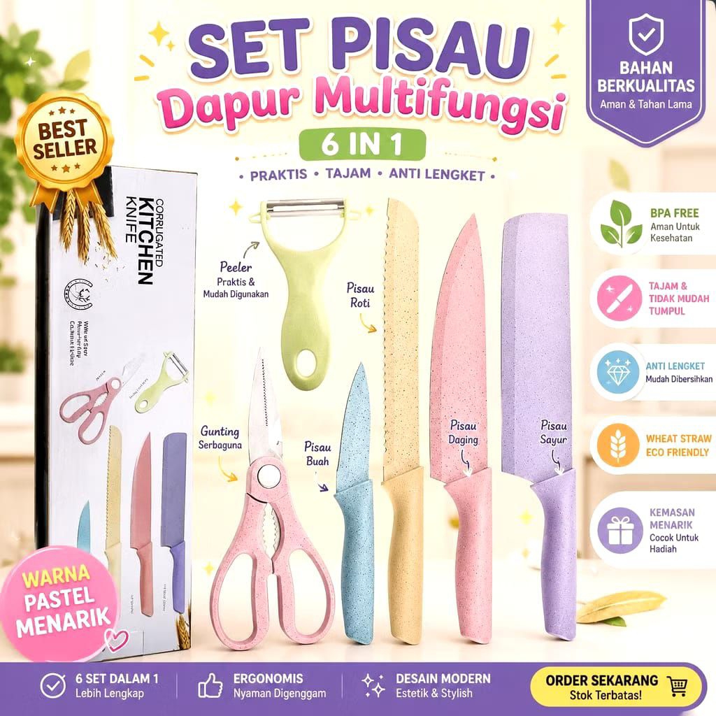 PISAU SET 6 IN 1 KITCHEN SET PRODUK VIRAL SOUVERNIR CANTIK KNIFE EVCRIVERH CEK DESKRIPSI