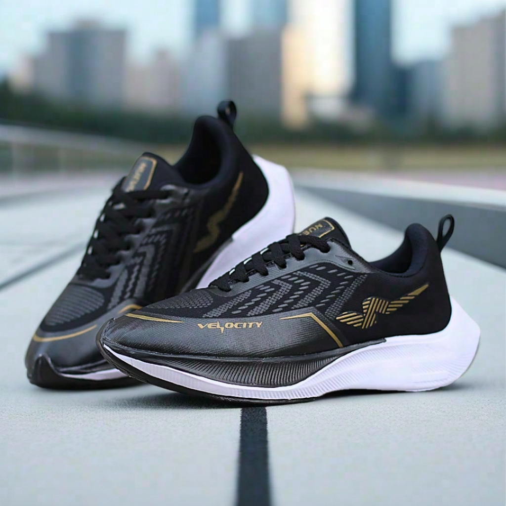 Sepatu Running Pria Nuevo Velocity Hitam Gold Olahraga Running Cowok