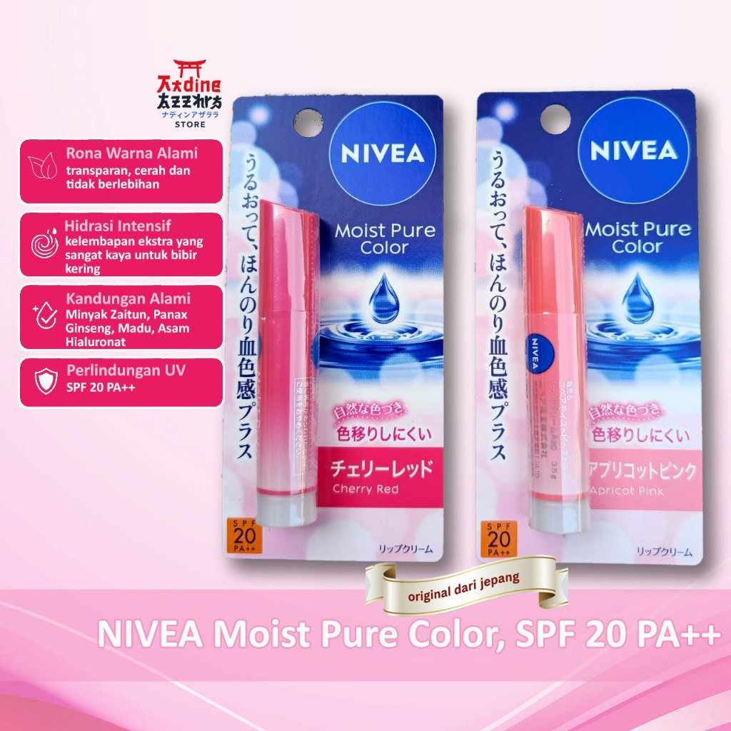 Pelembab Bibir, NIVEA Moist Pure Color Lip Balm SPF20 PA++ - Warna natural Cherry Red Apricot Pink, 