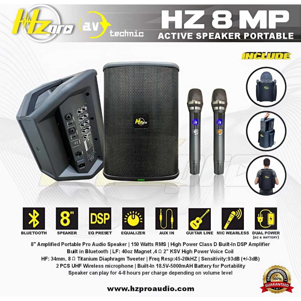 SPEAKER AKTIF wireless PORTABLE 8 inch HZ PRO 8MP ORIGINAL + Mic UHF terbaik BEST SHELER