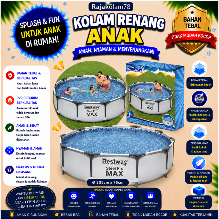 KOLAM BERMAIN ANAK BESTWAY 56416 / Bestway Kolam Renang Steel Pro Max Bulat Filter