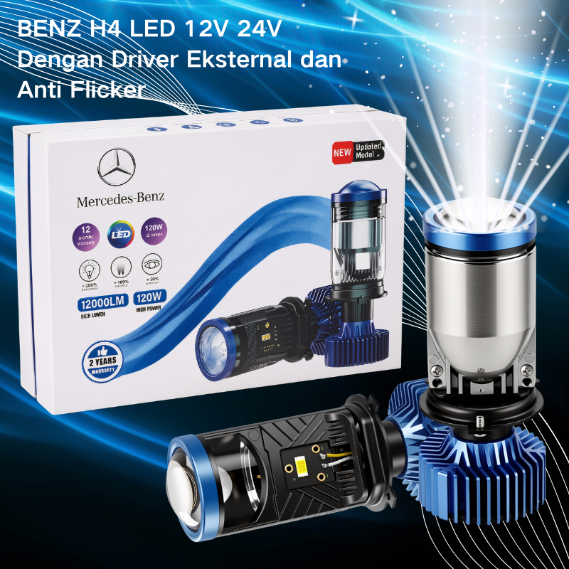 BENZ H4 LED Headlight Proyektor H4 Lensa Proyeksi Mini Lampu Depan Mobil Sepeda Motor