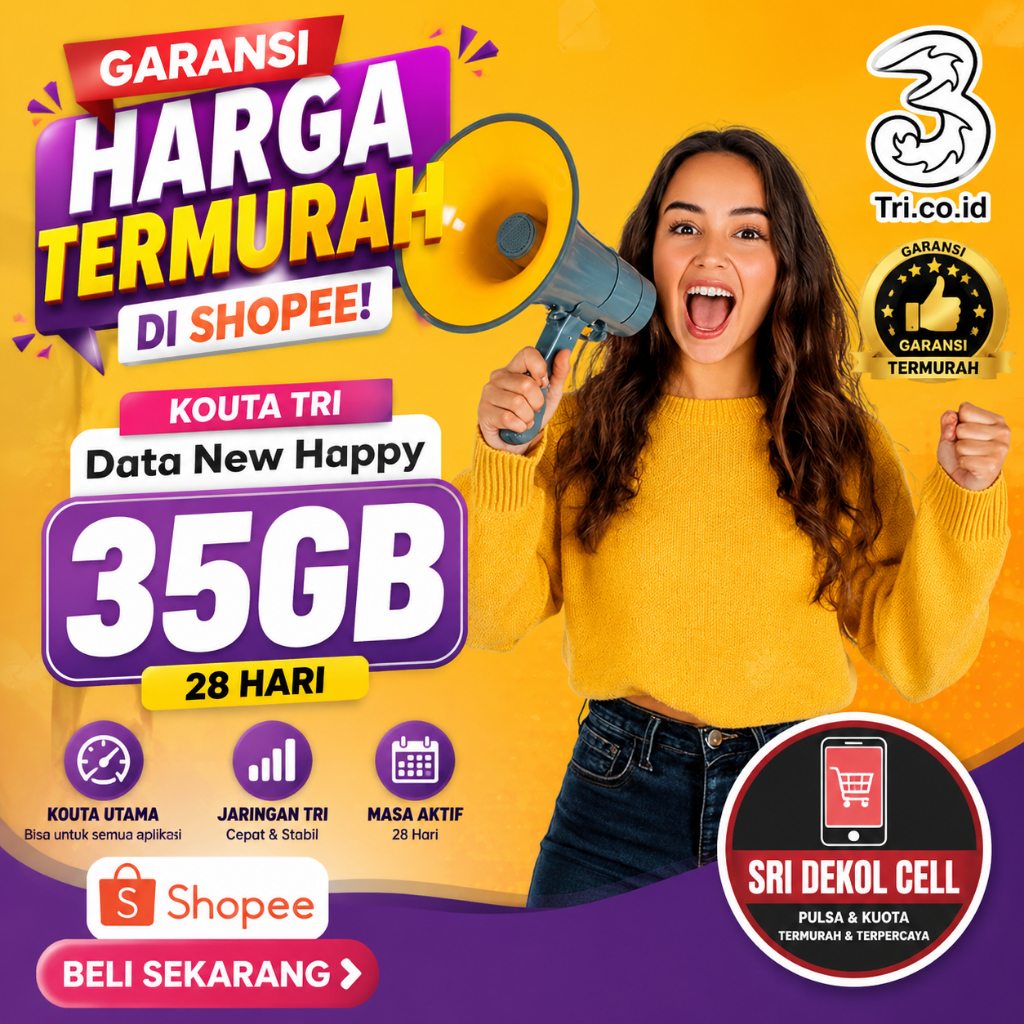 Kuota Tri 35GB 28 Hari – Data New Happy, Garansi Harga TERMURMER