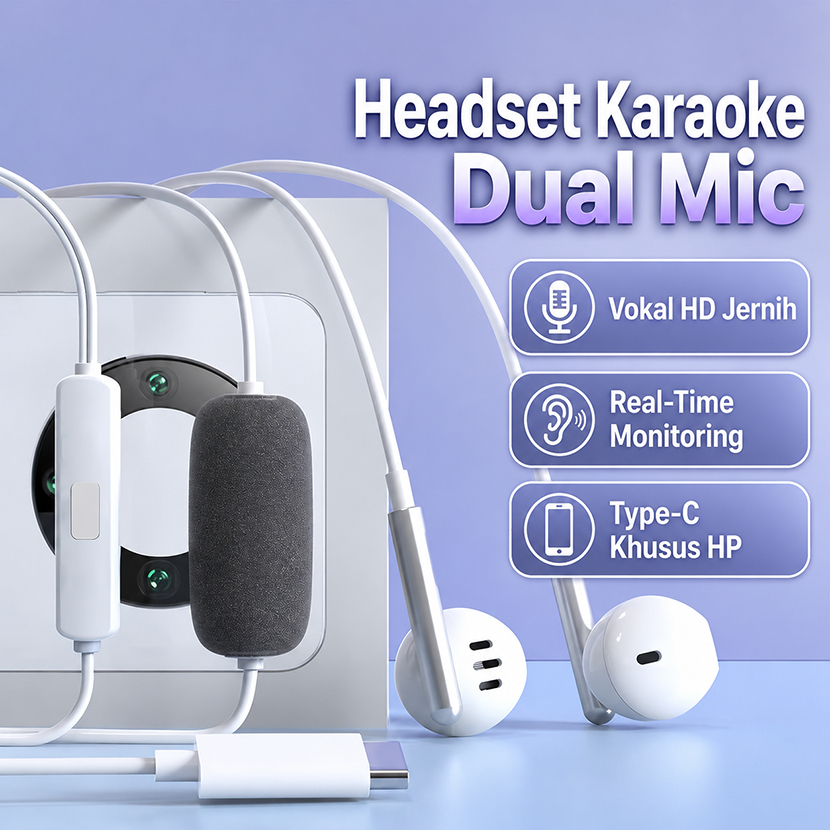 Headset Karaoke Type C Dual Mic HD | Monitoring Real Time Anti Delay Earphone Cable| Anti Feedback T
