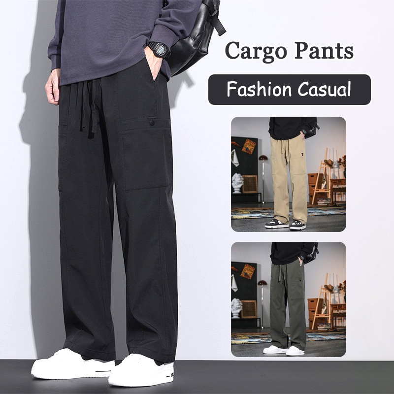 Celana Cargo Panjang Pria Hitam Korean Style Oversize Dewasa Gaya Gombrong Straight Cargo Pants