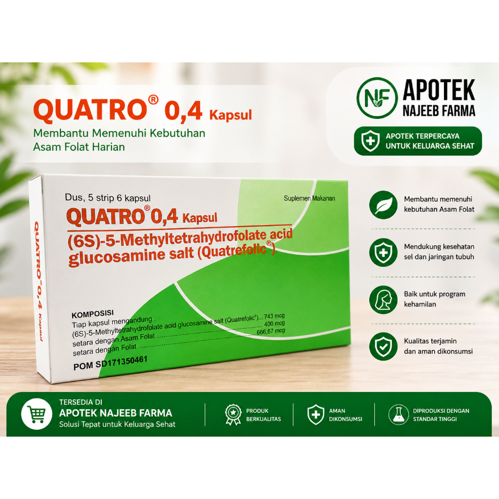 Quatro 0.4 Mg Suplemen Asam Folat Wanita Hamil 30 Kapsul Dus 5 Strip