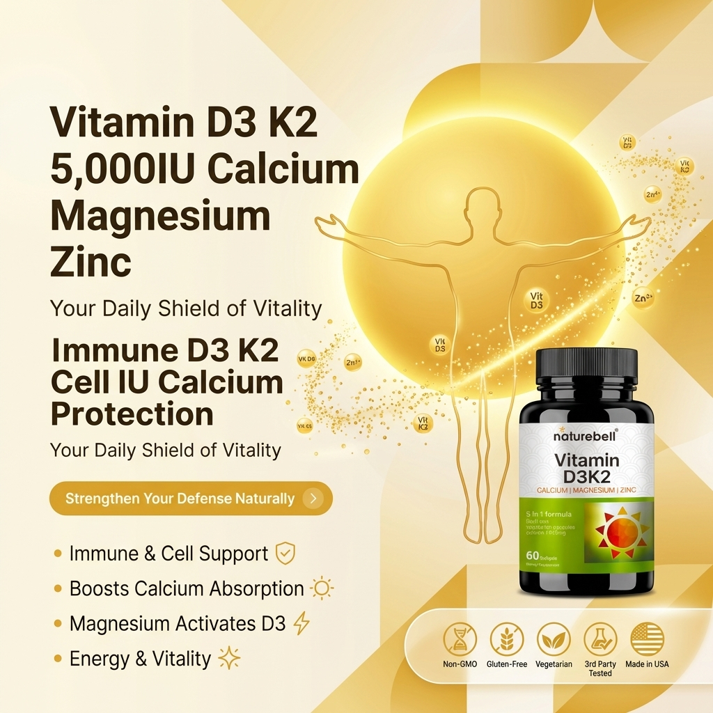 Suplemen Vitamin D3K2 5000IU & CalciumMagnesiumZinc untuk Kesehatan Tulang & Imunitas, 60 Kapsul