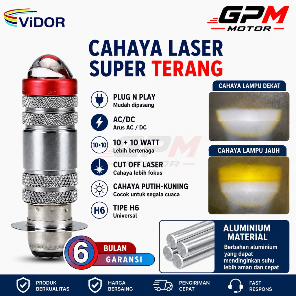 Lampu LED Motor ViDOR H6 Tahan Air, Super Terang & Fokus