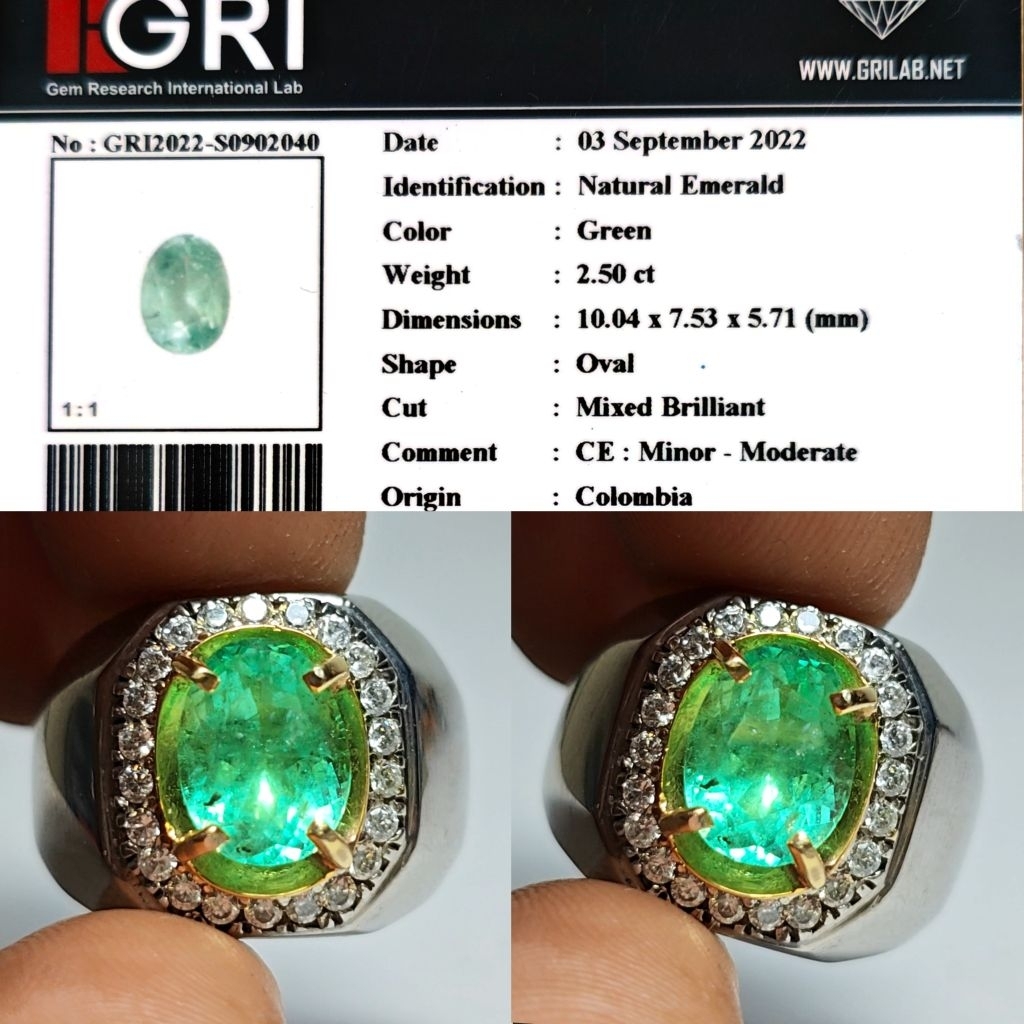 HQ ITEM Natural Emerald Colombia Minor Zamrud Colombia 2.5ct GRI Top Crystall Full Luster Body Kaca 
