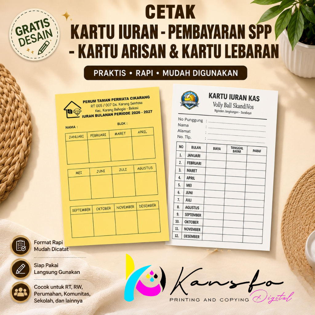 Kartu iuran Kartu SPP  Paket lebaran Kas sampah Arisan Custom