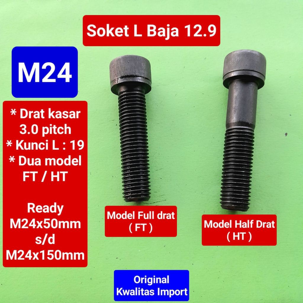 Baut soket L baja 12.9 M24 | baut L baja 12.9 M24 | baut kunci L baja 12.9 M24x50 s/d M24x150