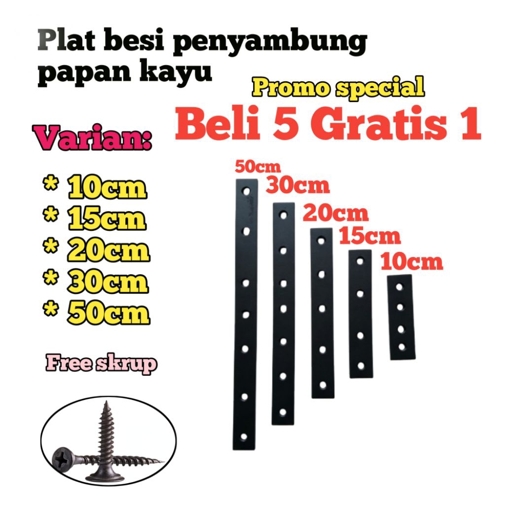 Plat Besi Lurus Penyambung Papan Kayu 10cm 15cm 20cm 30cm 50cm | Plat Sambungan Besi Hitam Kuat + Gr