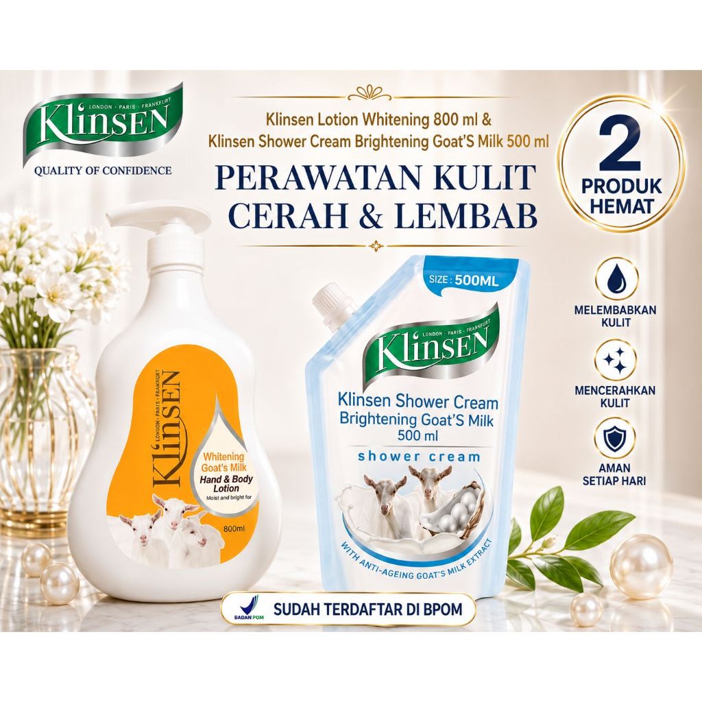 Klinsen Hand Body Lotion Klinsen Whitening Goat's Milk 800 ml & Klinsen Shower Cream Brightening Goa