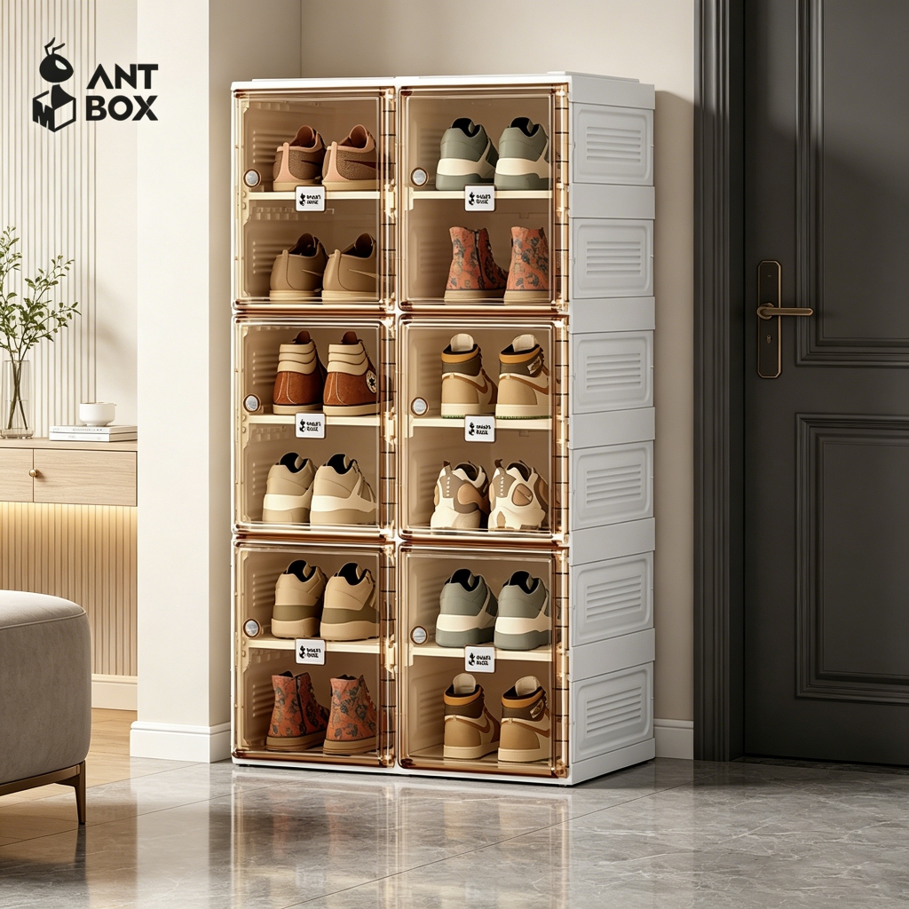 ANTBOX Rak Sepatu Susun Tertutup 2 Baris 12 Pasang Lemari Sepatu Minimalis Pintu Magnet Transparan