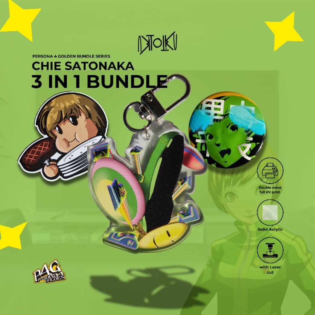 Persona Bundle Series - Persona 4 Golden Chie Satonaka 3 in 1 Bundle - Acrylic Keychain, Sticker, an