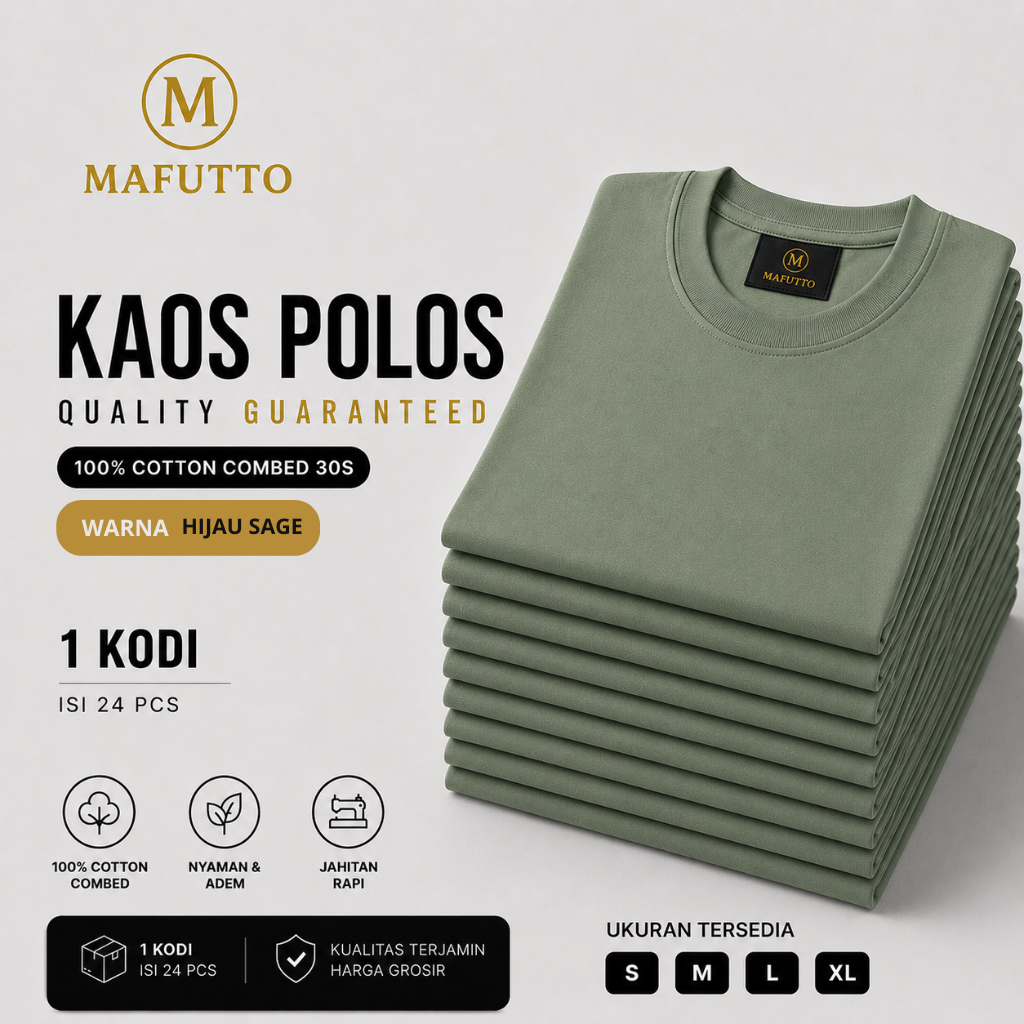 MAFUTTO Kaos Polos Unisex Cotton Minimalist Lengan Pendek - hijau sage 1 kodi 24pcs