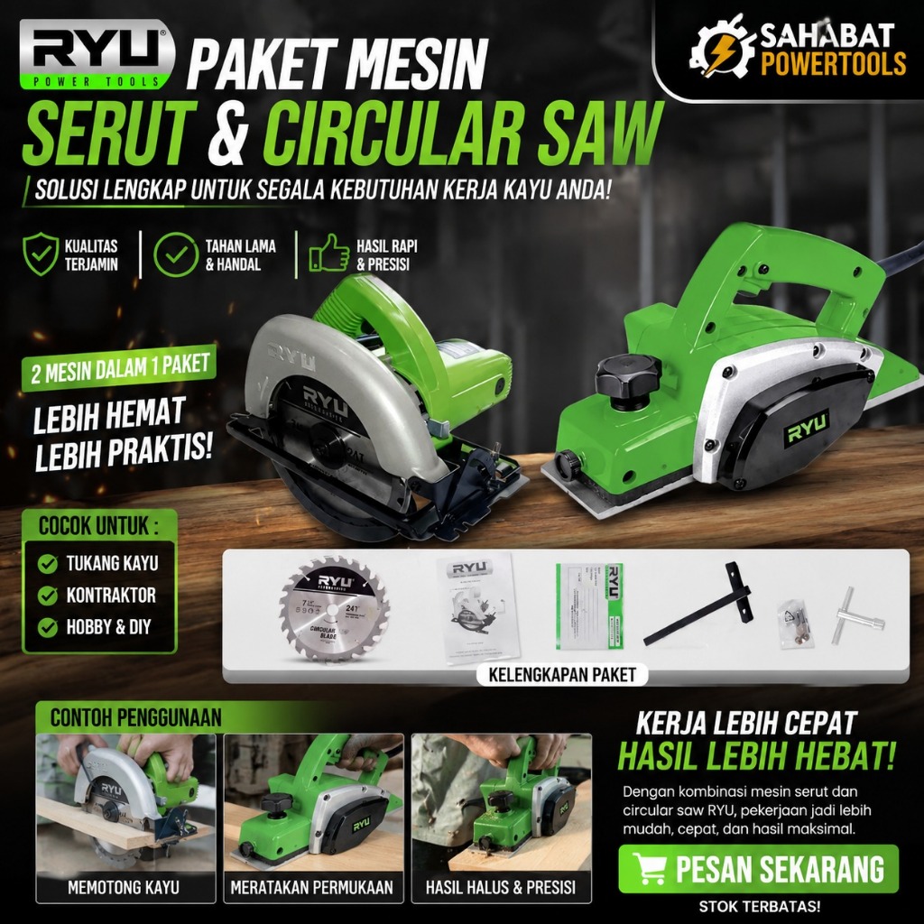 RYU Paket Circular Saw Mesin Gergaji Listrik RCS185-1 Dan Mesin Planer Serut Ketam Pasah Kayu RPL82-