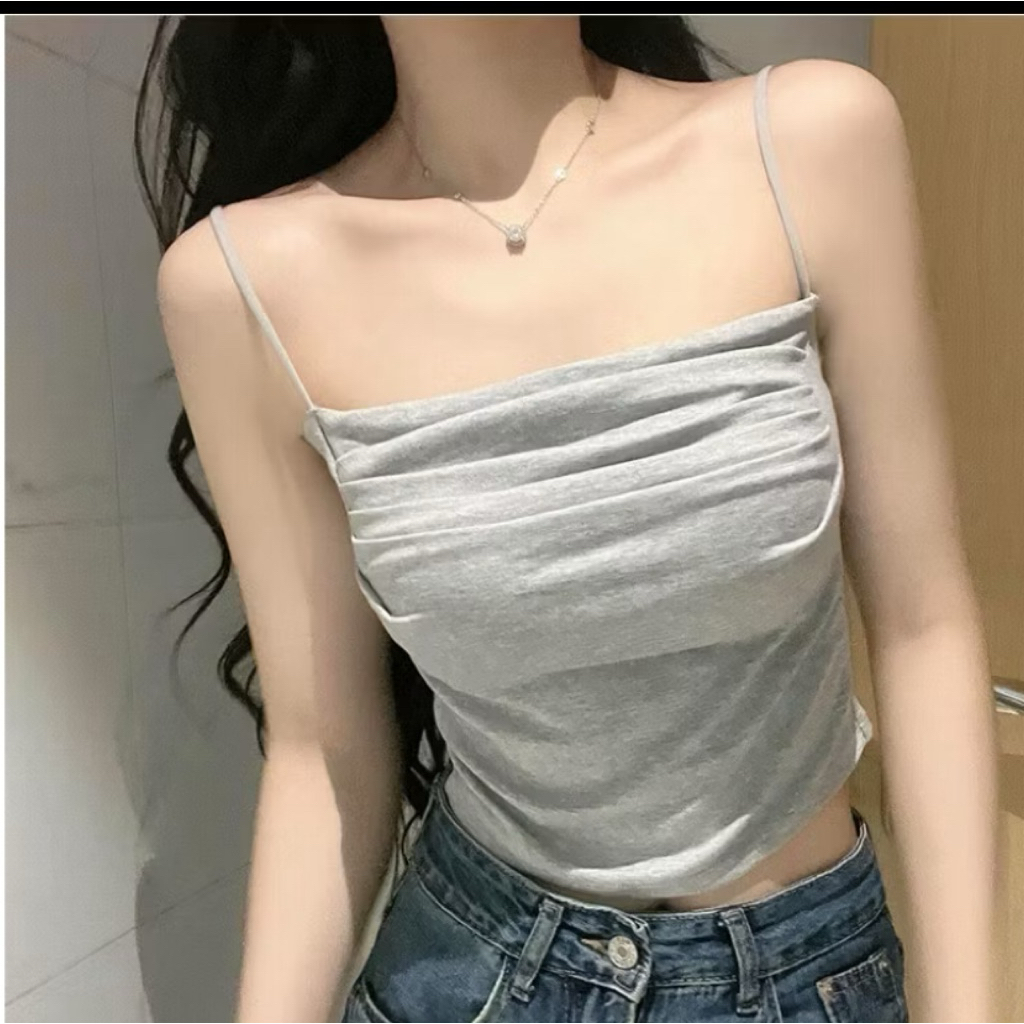 Tanktop Wanita Tali Kecil Elastis Tanpa Kawat With Bra Cup Variasi Kerutan Tanktop Stone Tanktop Wan