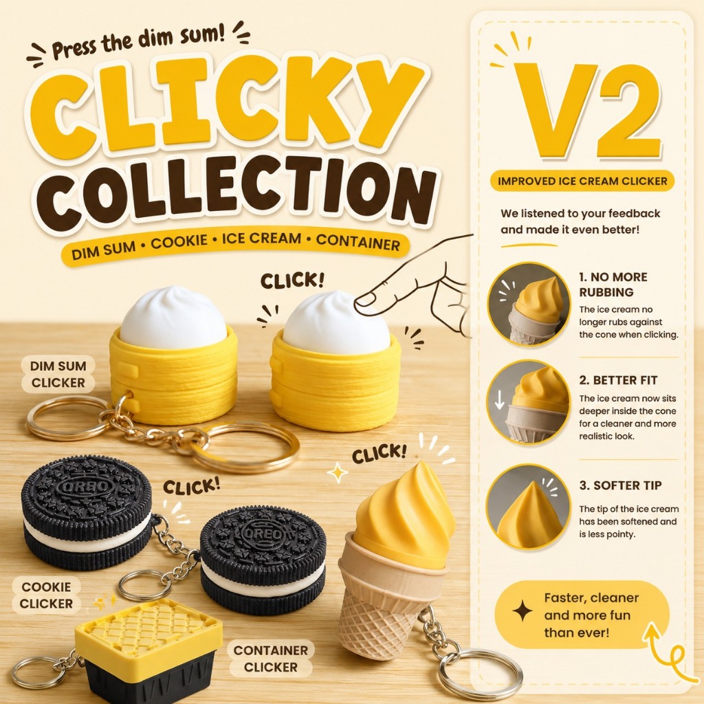 Clicky Collection V2 Fidget Keychain 3D Print | Dim Sum Oreo Ice Cream Container Clicker | Gantungan