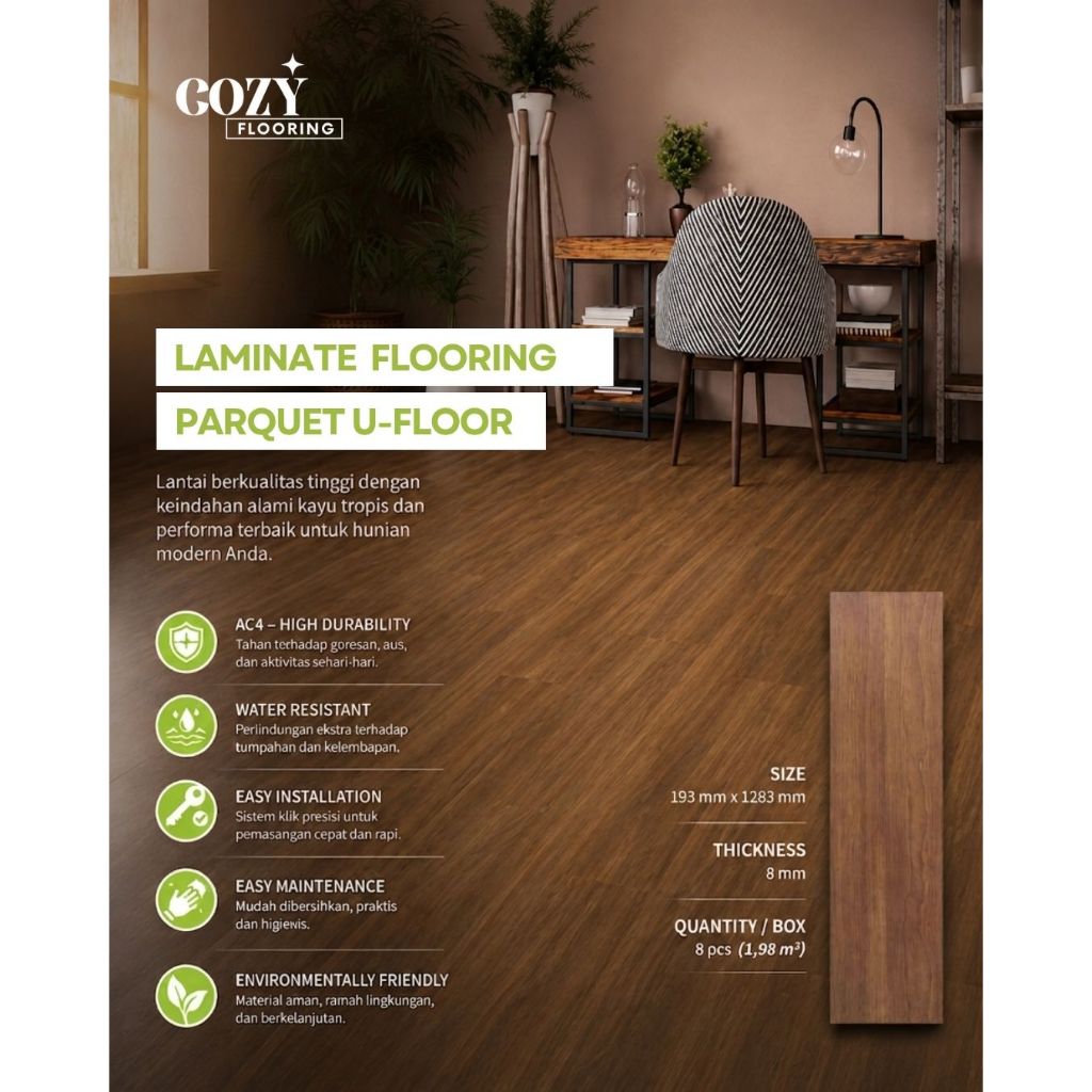Lantai Kayu U-Floor Parket Laminated Tebal 8mm / Parket klik motif kayu lembaran
