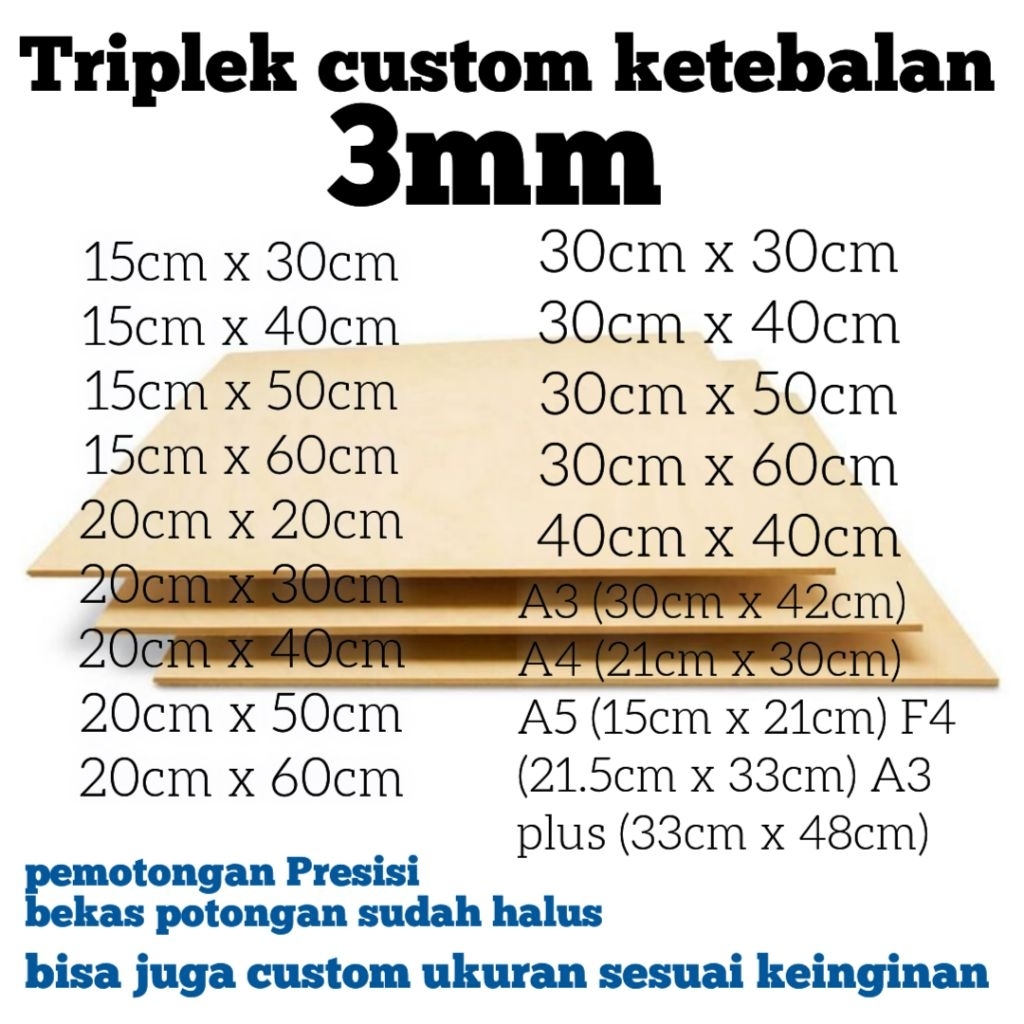 Triplek 3mm Multiplek Plywood Custom A5 A4 A3 F4 15cm 20cm 30cm 40cm 50cm 60cm x ukuran bentuk kayu