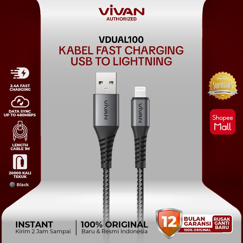 [NEW] VIVAN Kabel Data USB to Lightning Fast Charging 2.4A 1M PD QC 3.0 VDUAL100 Garansi 12 Bulan