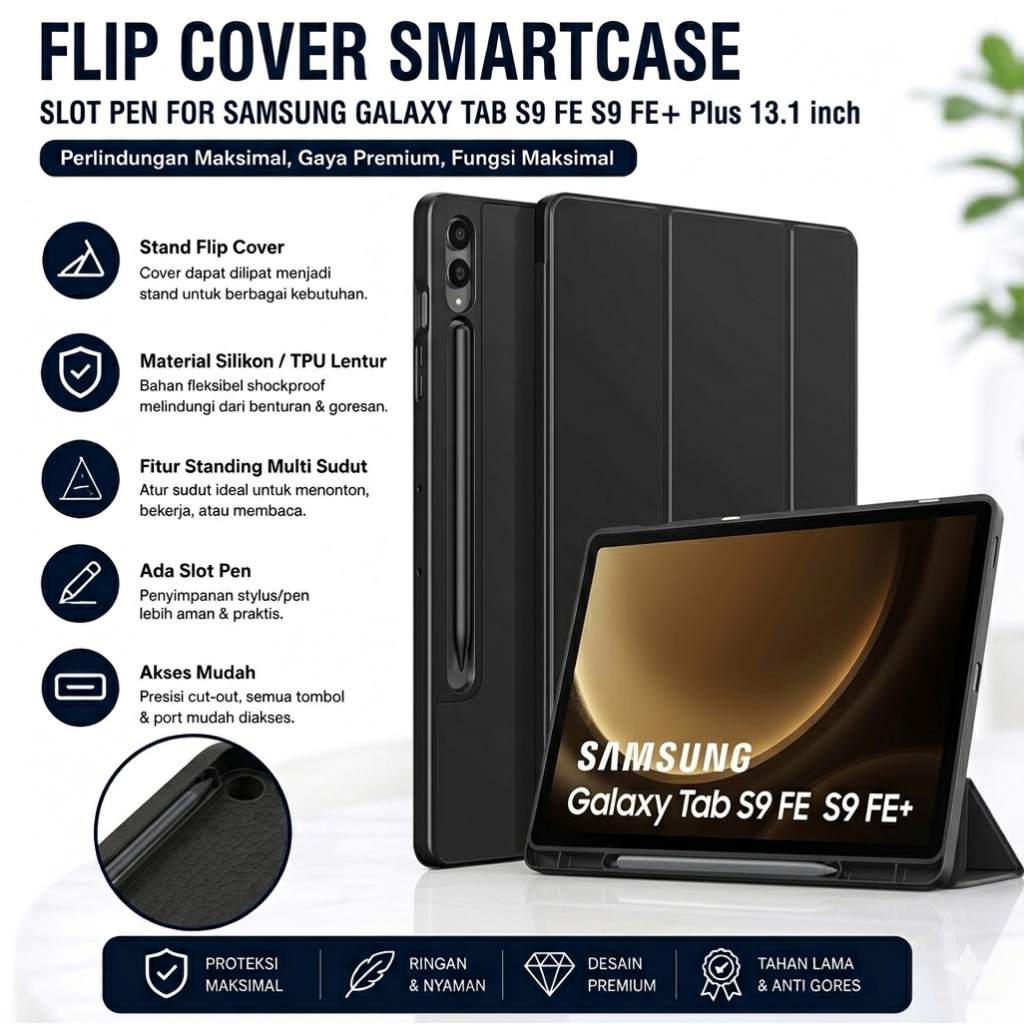 Samsung Galaxy Tab S9 FE S9 FE+ Plus SmartCase With Slot Pen Flip Cover Casing Tablet Standing Case