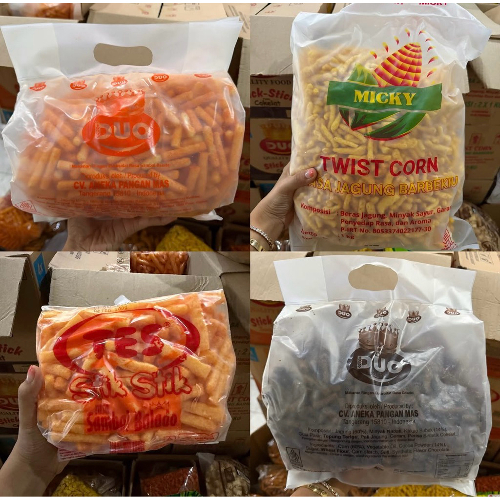 Duo Stik balado 500 gr / Duo stik coklat 500 gr / Tes stik balado 200 gr/ Twist corn ( rasa jagung b
