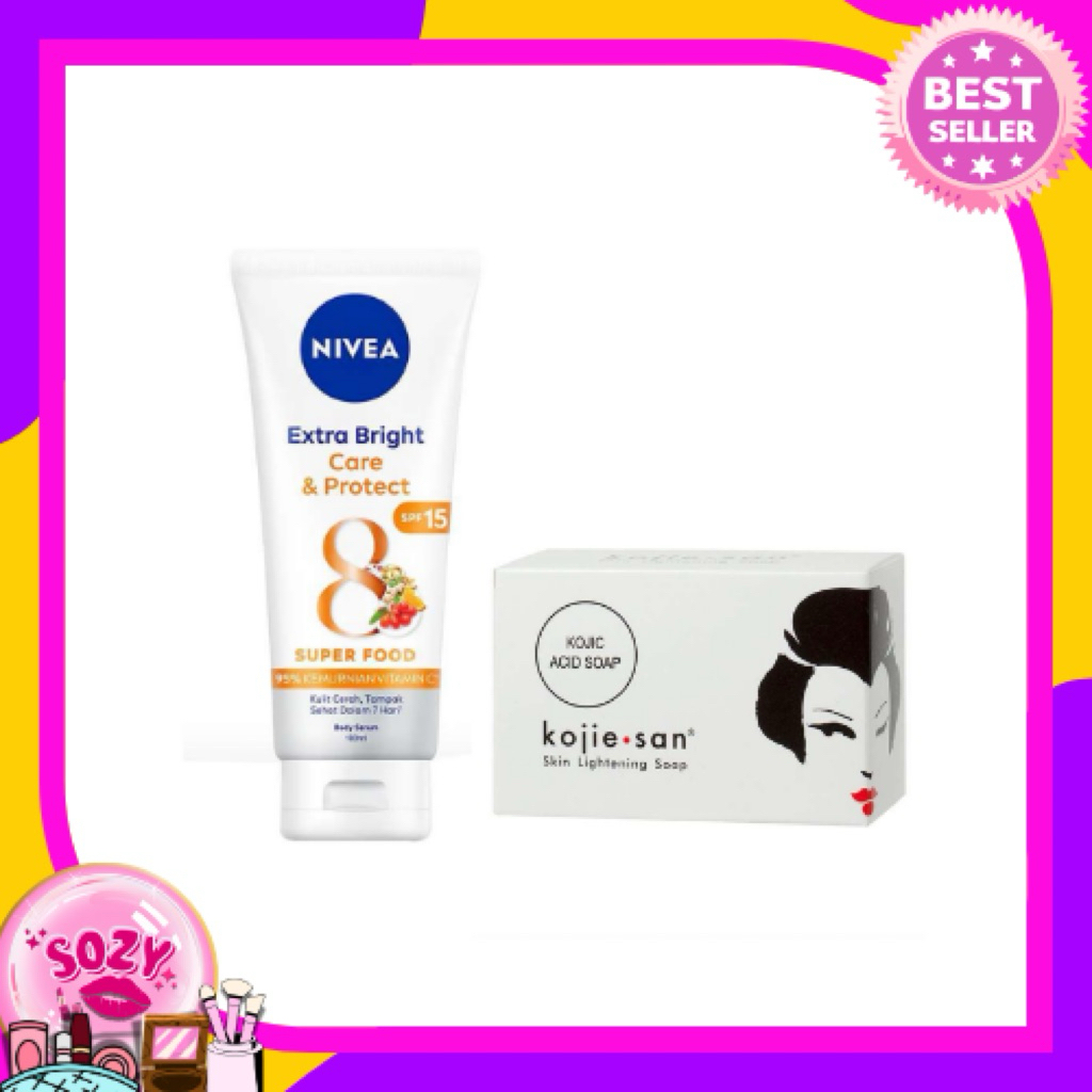 Bundling Kojie San Skin Lightening Soap 135gr dan Nivea Body Serum Extra White Care & Protect 180ML 