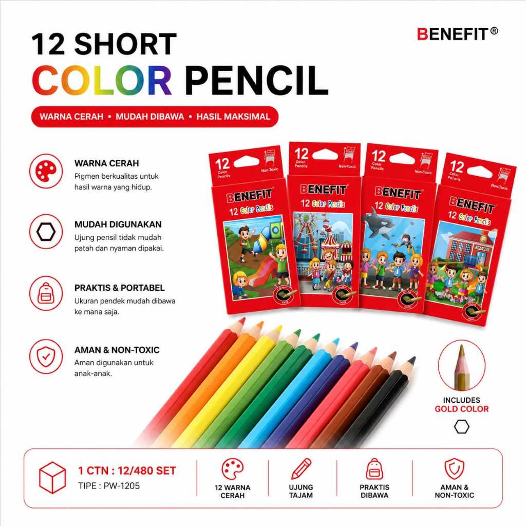 Pensil Warna BENEFIT PW-1205 Pendek, Pigmen Berkualitas, Warna Cerah, Include Warna Emas