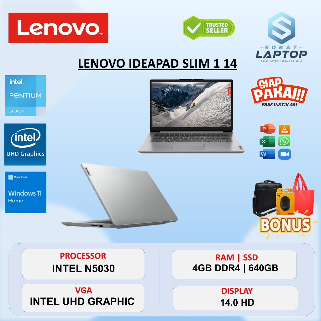 Laptop Lenovo IdeaPad Slim 1 14 Pentium Silver N5030 4GB SSD 640GB Windows 11Home