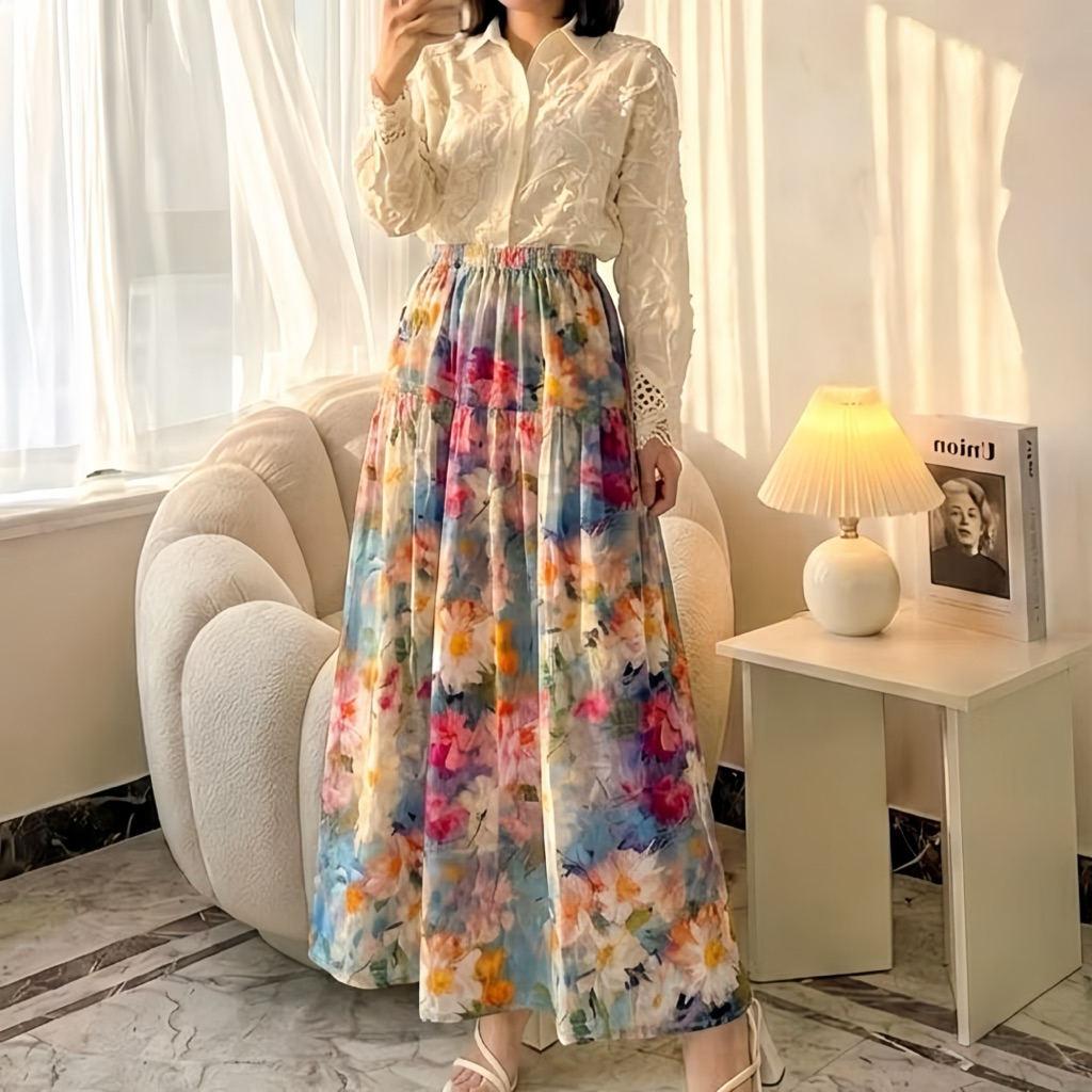 ROK BANGKOK TULIP FLOWER BUNGA / LONG SKIRT ROK PANJANG FLARE COTTON RAYON IMPORT