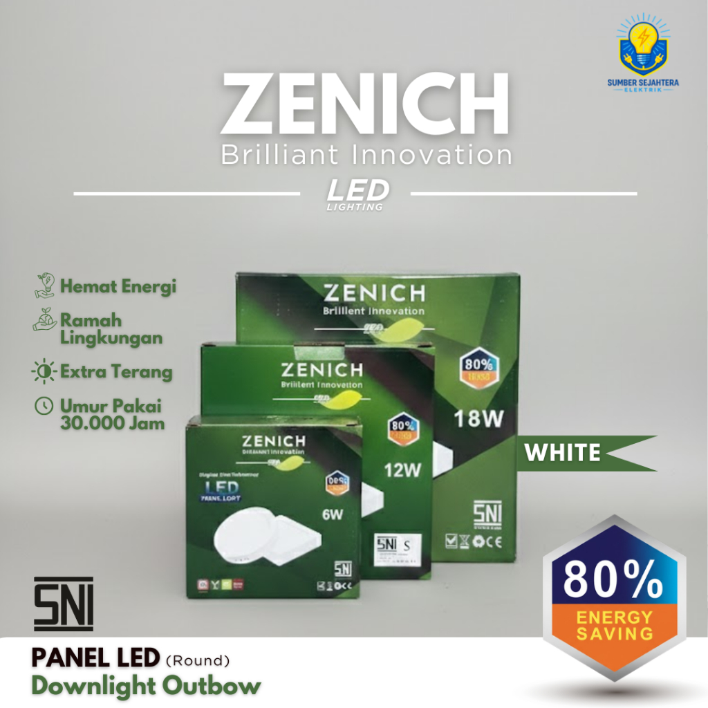 Lampu Plafon Rumah Hemat Energi 6 12 18 W - ZENICH LED Panel Downlight Outbow (Round) White  SNI ORI