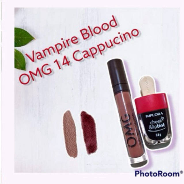 PAKET OMBRE OMG LIP CREAM NO 14 CAPPUCINO DAN IMPLORA CHEEK & LIP TINT 01 VAMPIRE BLOOD