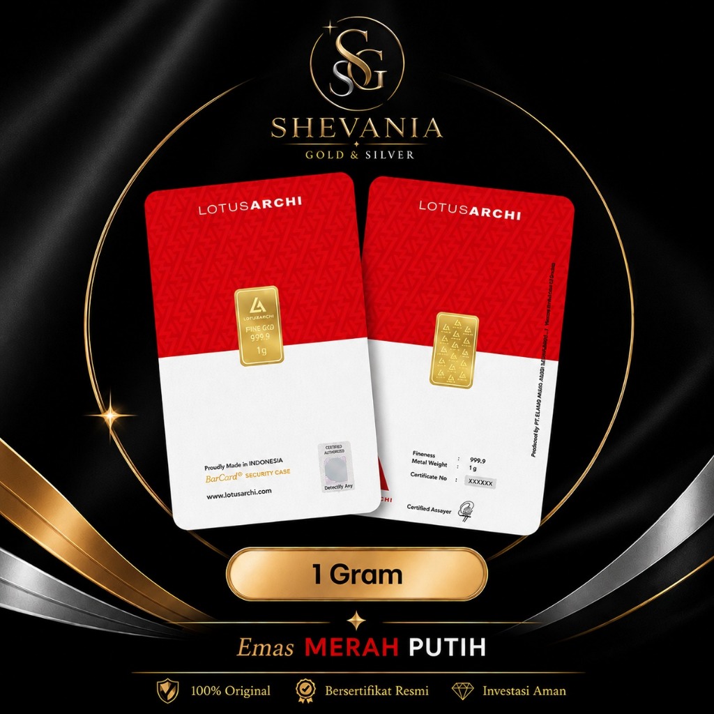 Shevania Gold Lotus Archi Merah Putih CertiEye Logam Mulia Emas 1 Gram 2 Gram dan 5 Gram
