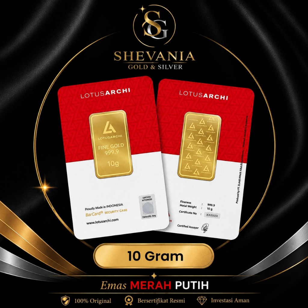 Shevania Gold Lotus Archi Merah Putih CertiEye Logam Mulia Emas 10 Gram 25 Gram