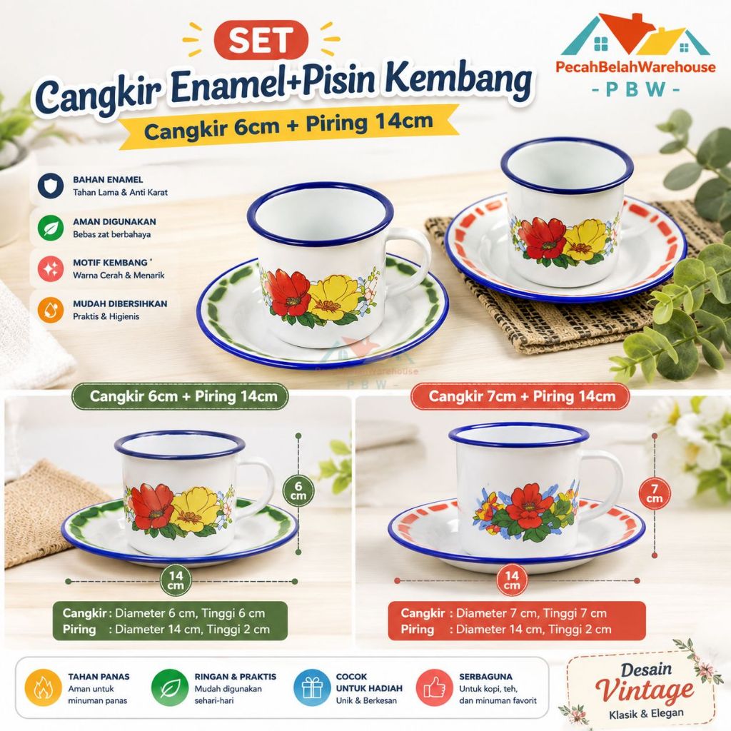 [SET] Cangkir Seng Enamel Jadul Bunga + Pisin / Cangkir Kopi + Tatakan / Cangkir Enamel SET Bunga