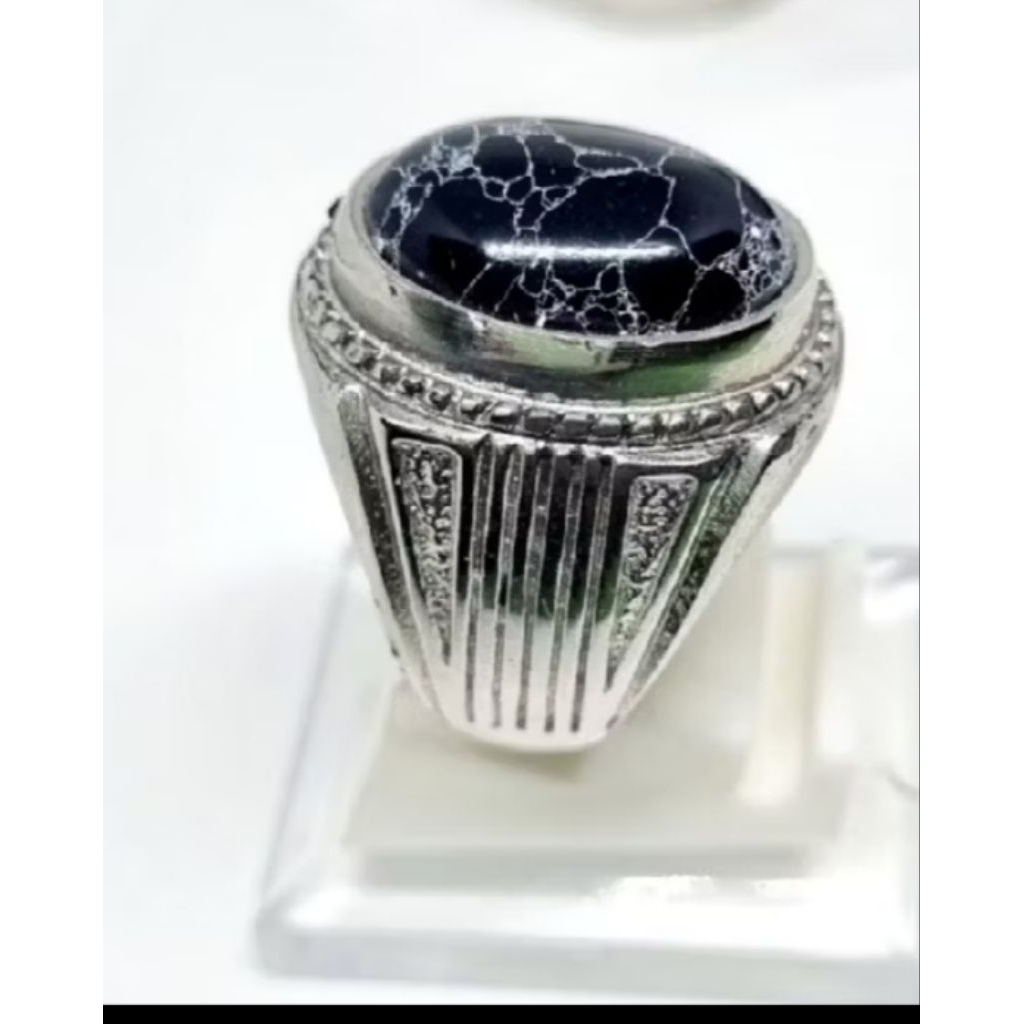 cincin batu akik pirus Mesir hitam urat putih ring alpaka
