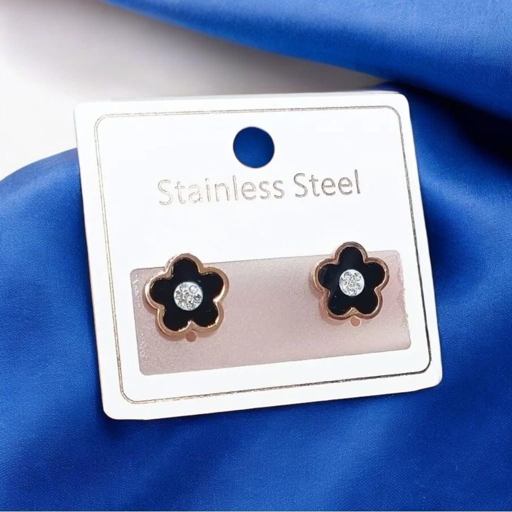 ANTING TITANIUM ROSEGOLD BUNGA HITAM PERMATA