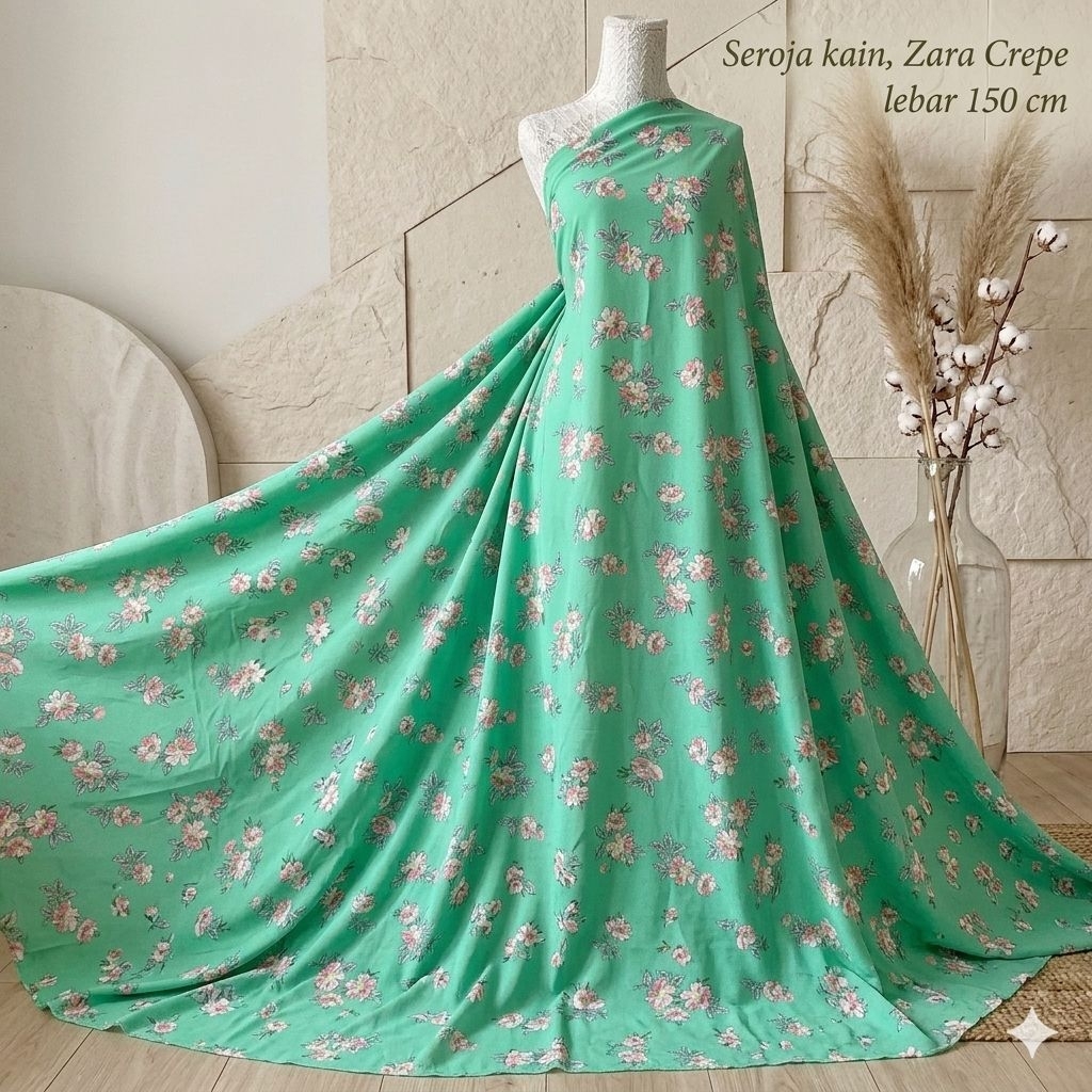 Kain Zara Crepe Corak Bunga Floral Meteran / Bahan Kain Premium Baju Kurung Gamis Blouse Tunik Dress