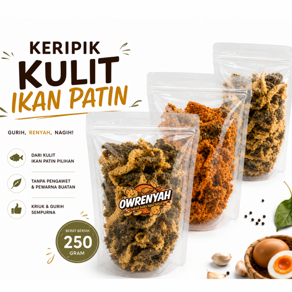 Kerupuk Kulit Ikan Patin owrenyah 250gr Original Pedes Telur Asin cemilan Kriuk krupuk kripik
