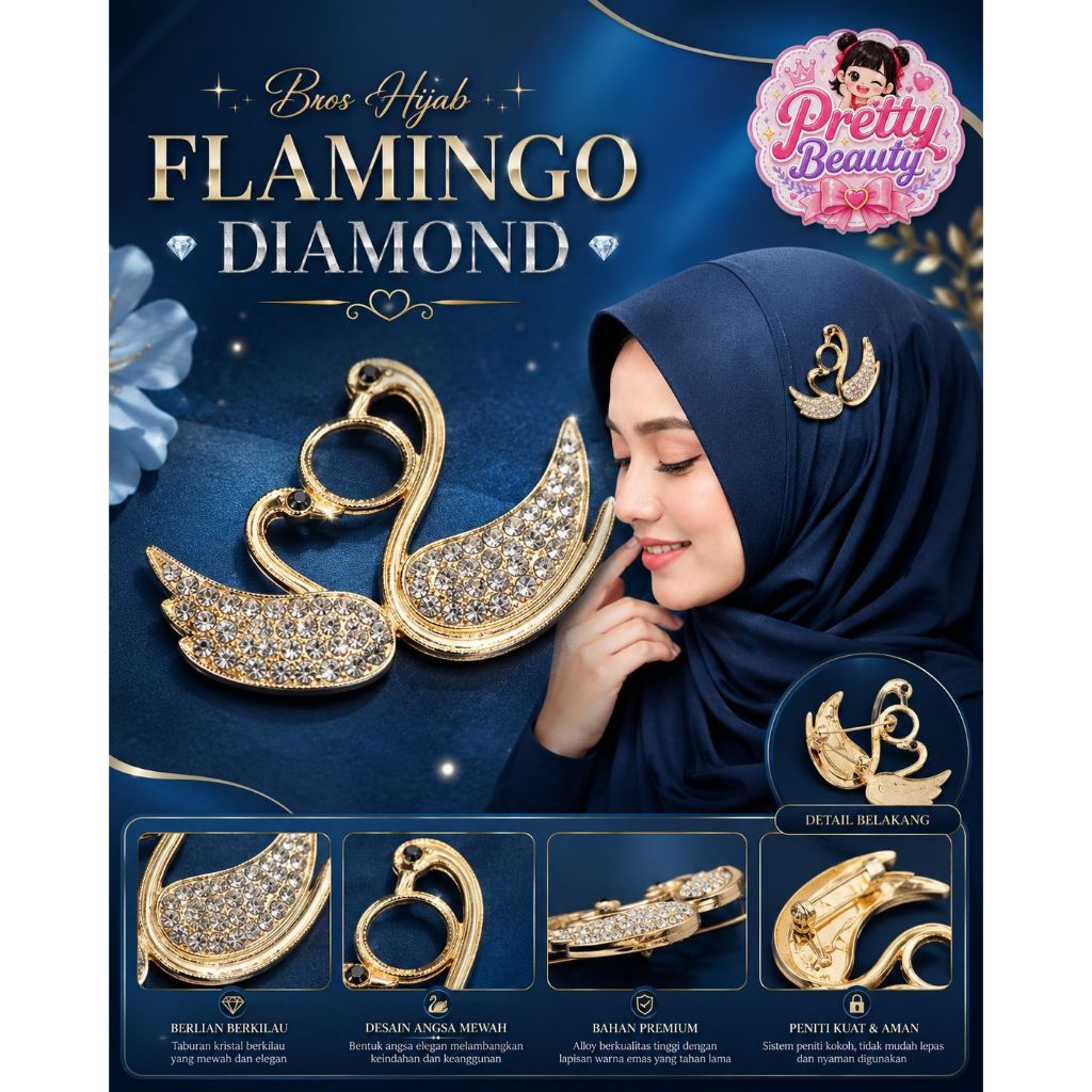 Bros Hijab FLAMINGO DIAMOND Peniti Pin Motif Angsa Mewah Warna Rose Gold Silver Aksesoris Kerudung J
