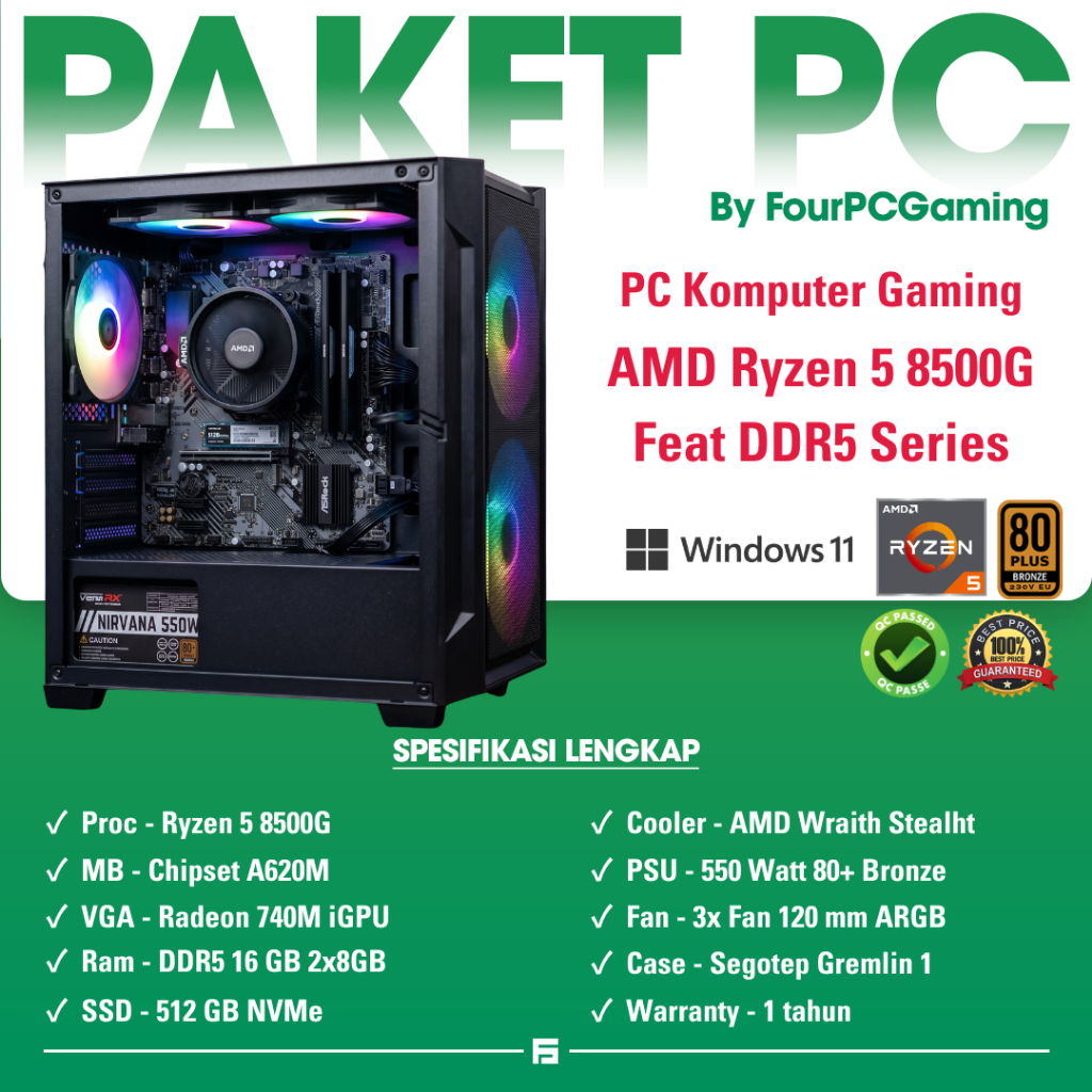 FourPCGaming Rakitan Komputer AMD Ryzen 5 8500G Ram 16GB | SSD 512GB