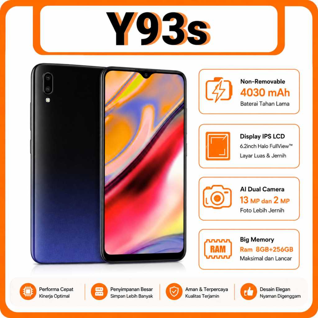 SMARTPHONE VIVO asli Ori ANDROID  Handphone Y93s Ram 8/256GB 6.22inch Baru Fullset