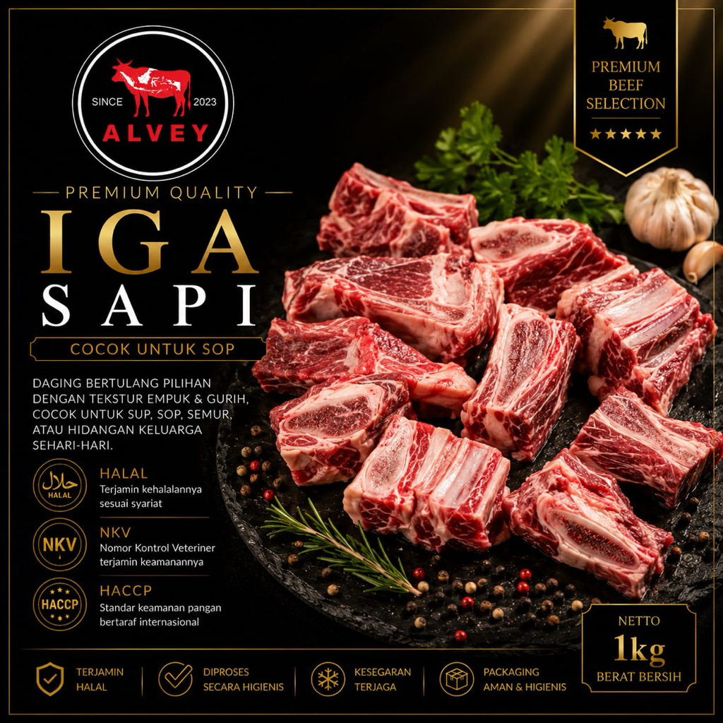 Iga Sapi Sop Halal 100% 1kg - ALVEY BEEF - Vacum Pack - Lezat untuk Sop dan Masakan Nusantara
